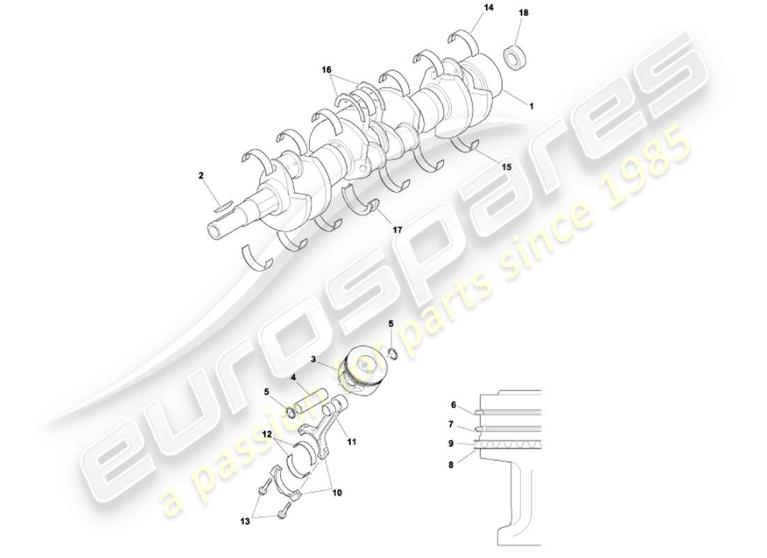 aston martin vanquish (2001) diagramme des pièces du vilebrequin, des pistons et des bielles