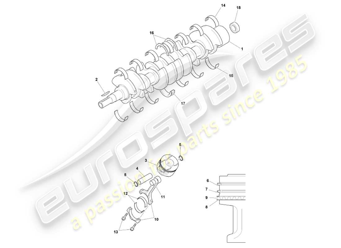 aston martin db7 vantage (2002) diagramme des pièces du vilebrequin, des pistons et des bielles