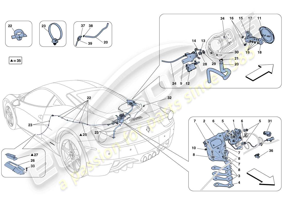 ferrari 458 italia (usa) mécanismes d'ouverture du couvercle du compartiment moteur et de la trappe de remplissage de carburant schéma des pièces