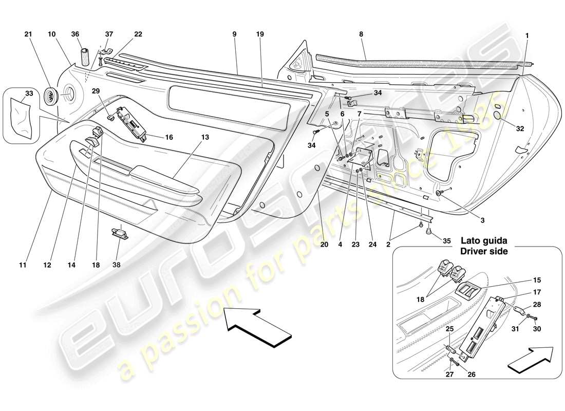 ferrari 599 gtb fiorano (europe) portes - sous-structure et garniture schéma des pièces