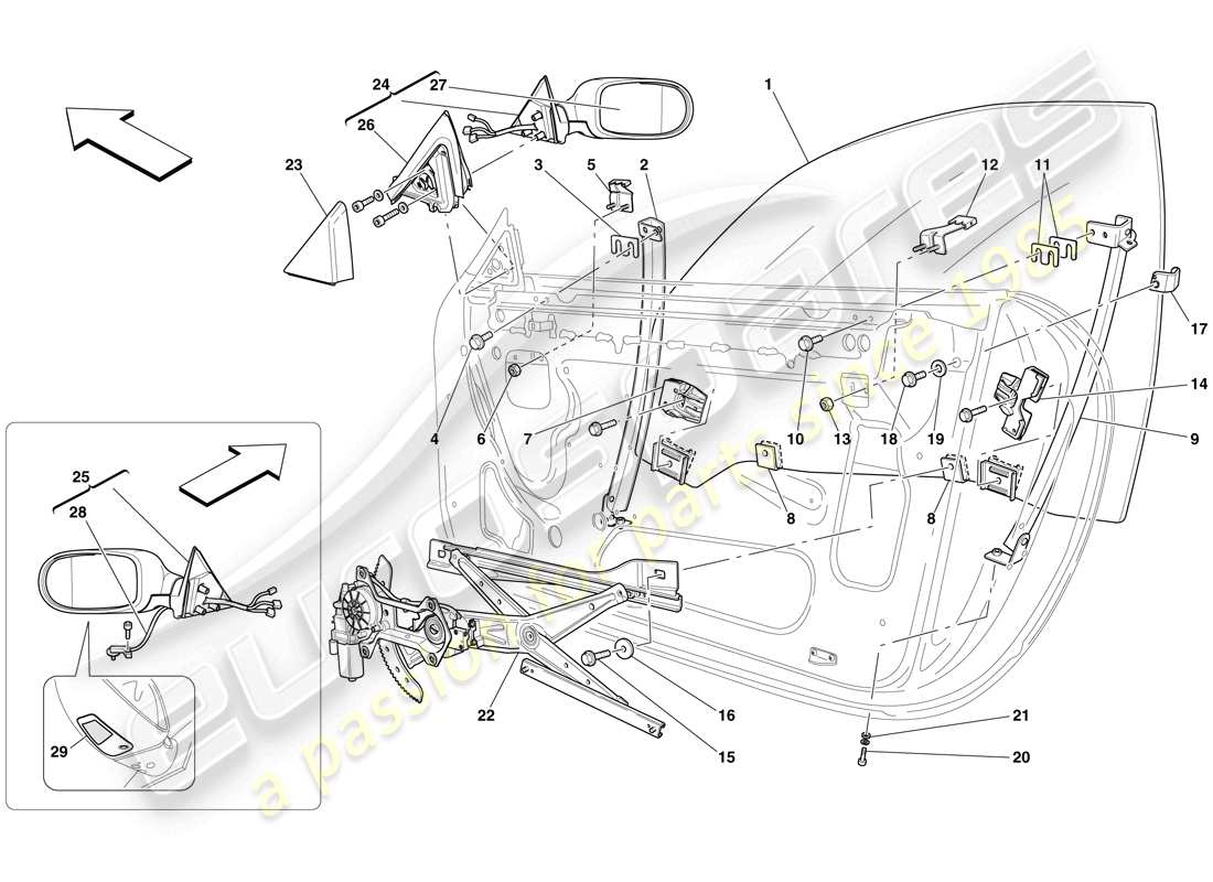 ferrari 612 sessanta (rhd) portes - vitres électriques et rétroviseur schéma des pièces