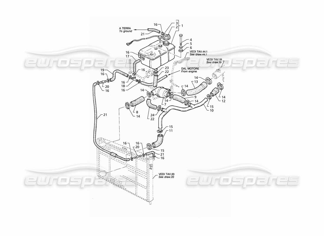 maserati qtp v8 (1998) boîtier et thermostat du système de refroidissement du moteur schéma des pièces