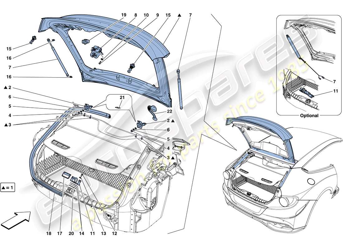 ferrari ff (rhd) couvercle arrière et mécanisme d'ouverture schéma des pièces