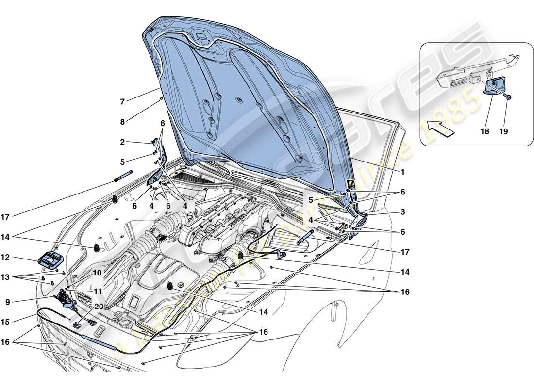 ferrari ff (rhd) couvercle avant et mécanisme d'ouverture schéma des pièces