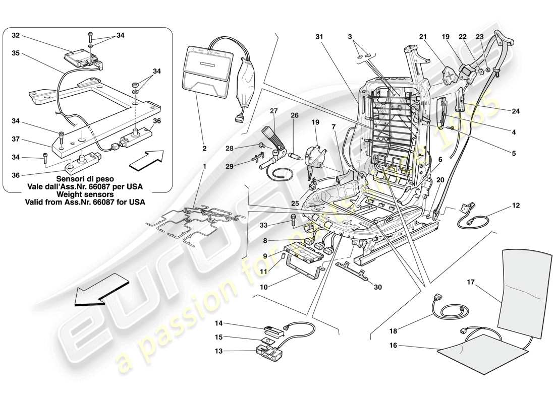 ferrari 612 sessanta (rhd) siège avant électrique - ceintures de sécurité et dispositifs schéma des pièces