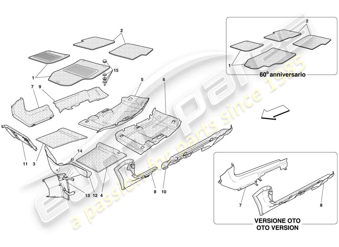ferrari 612 sessanta (usa) garniture et tapis de compartiment passagers schéma des pièces