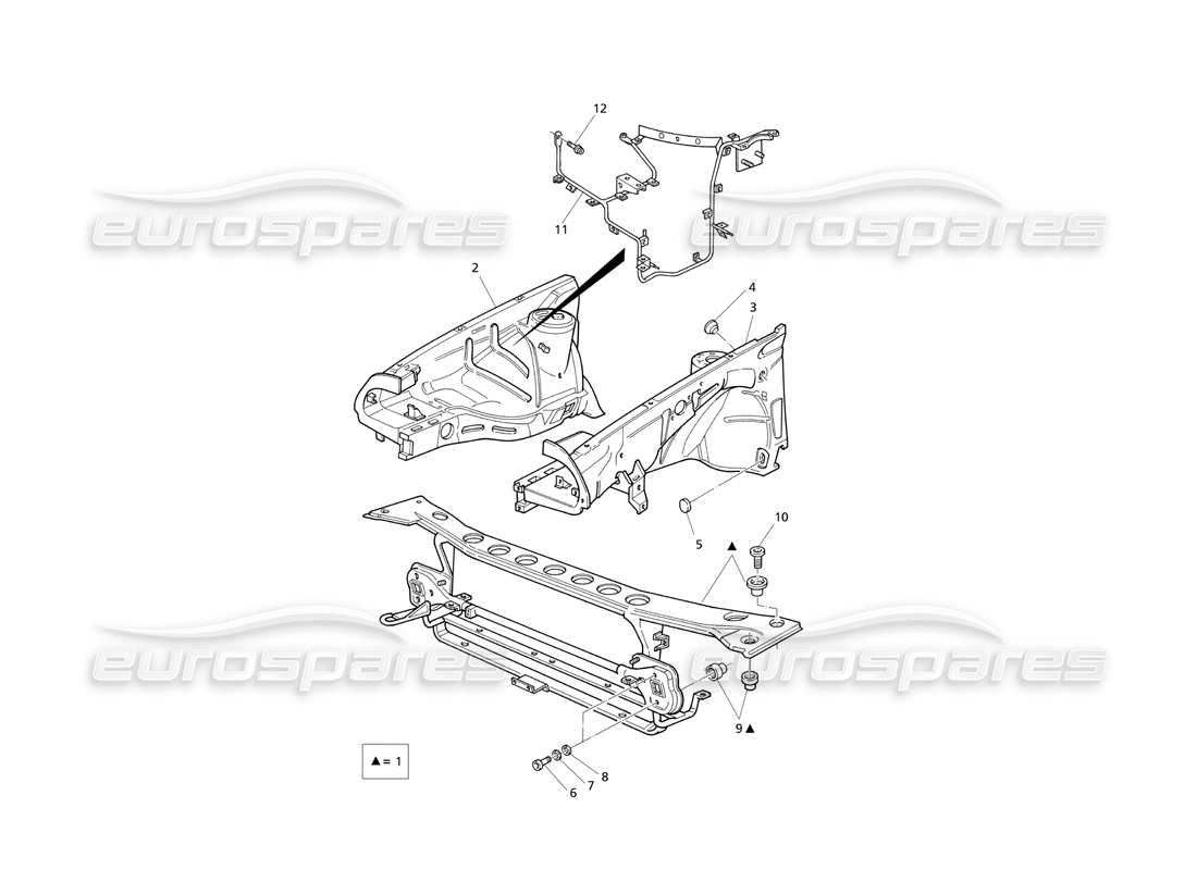 maserati qtp v8 evoluzione coque de carrosserie : diagramme des pièces du panneau avant et des passages de roues intérieurs
