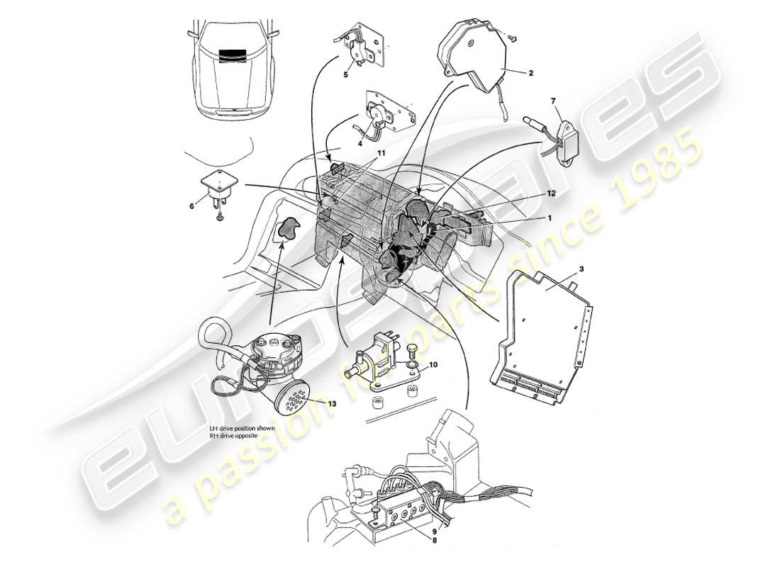 aston martin v8 coupe (1999) capteurs, commutateurs, solénoïdes, moteurs, etc. diagramme de pièces