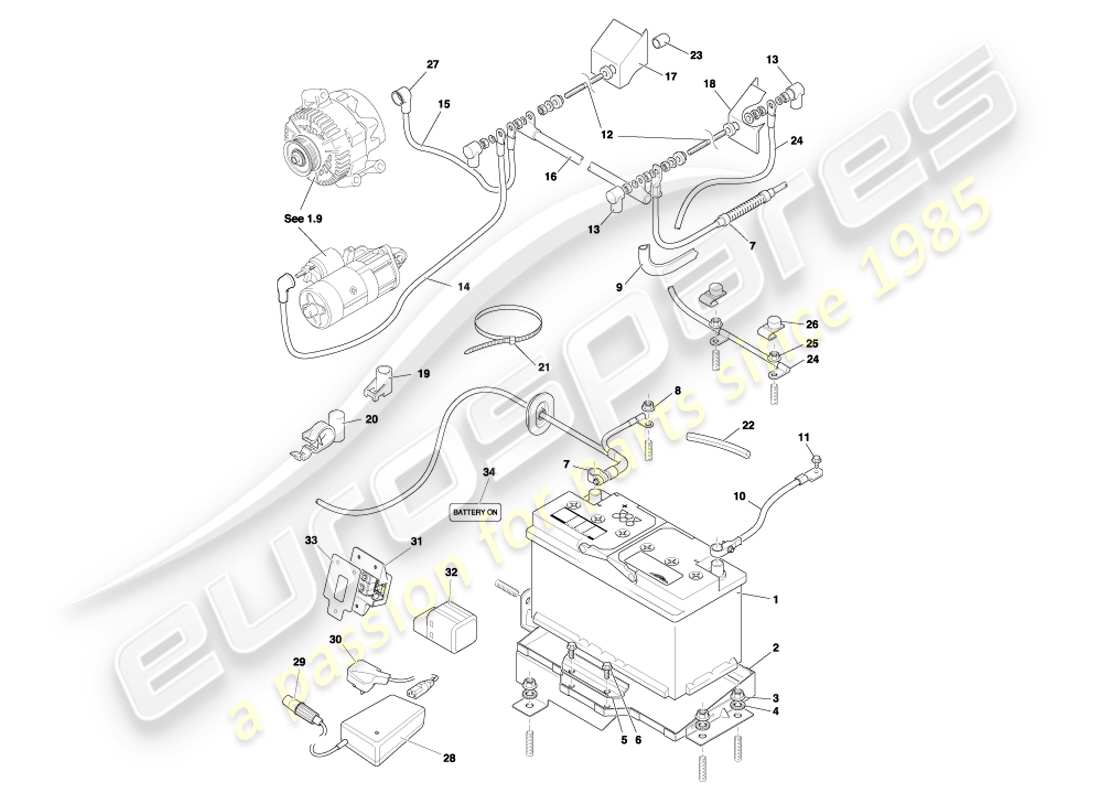 aston martin db7 vantage (2002) diagramme des pièces de la batterie et du plateau