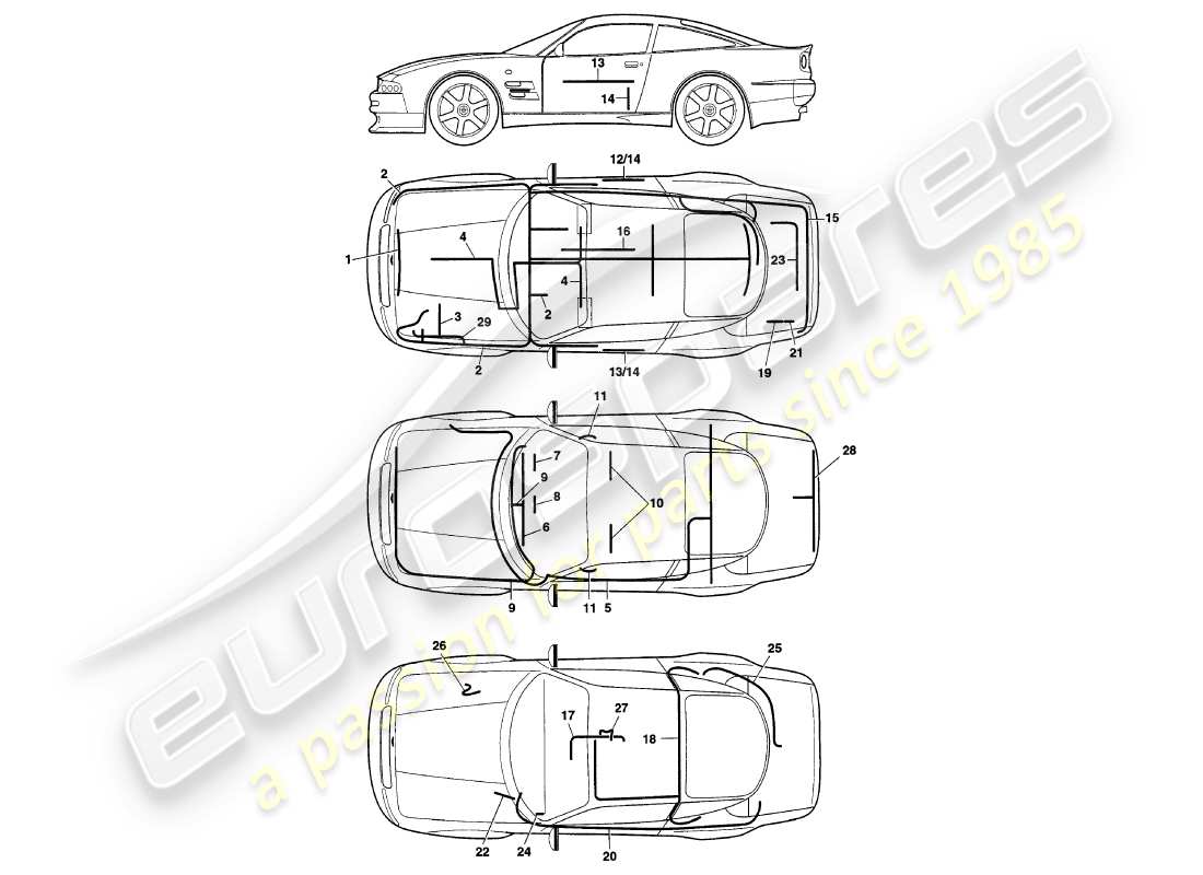 aston martin v8 coupe (1999) diagramme des pièces des faisceaux