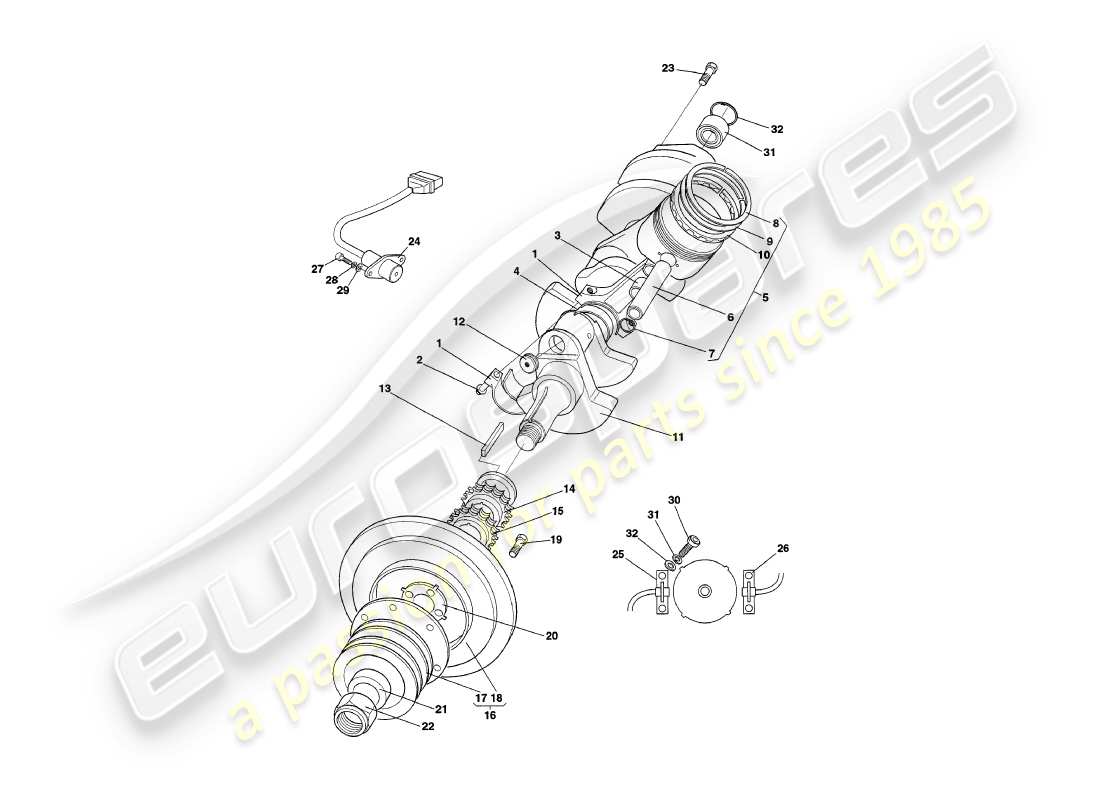 aston martin v8 coupe (2000) diagramme des pièces du vilebrequin, des pistons et des bielles