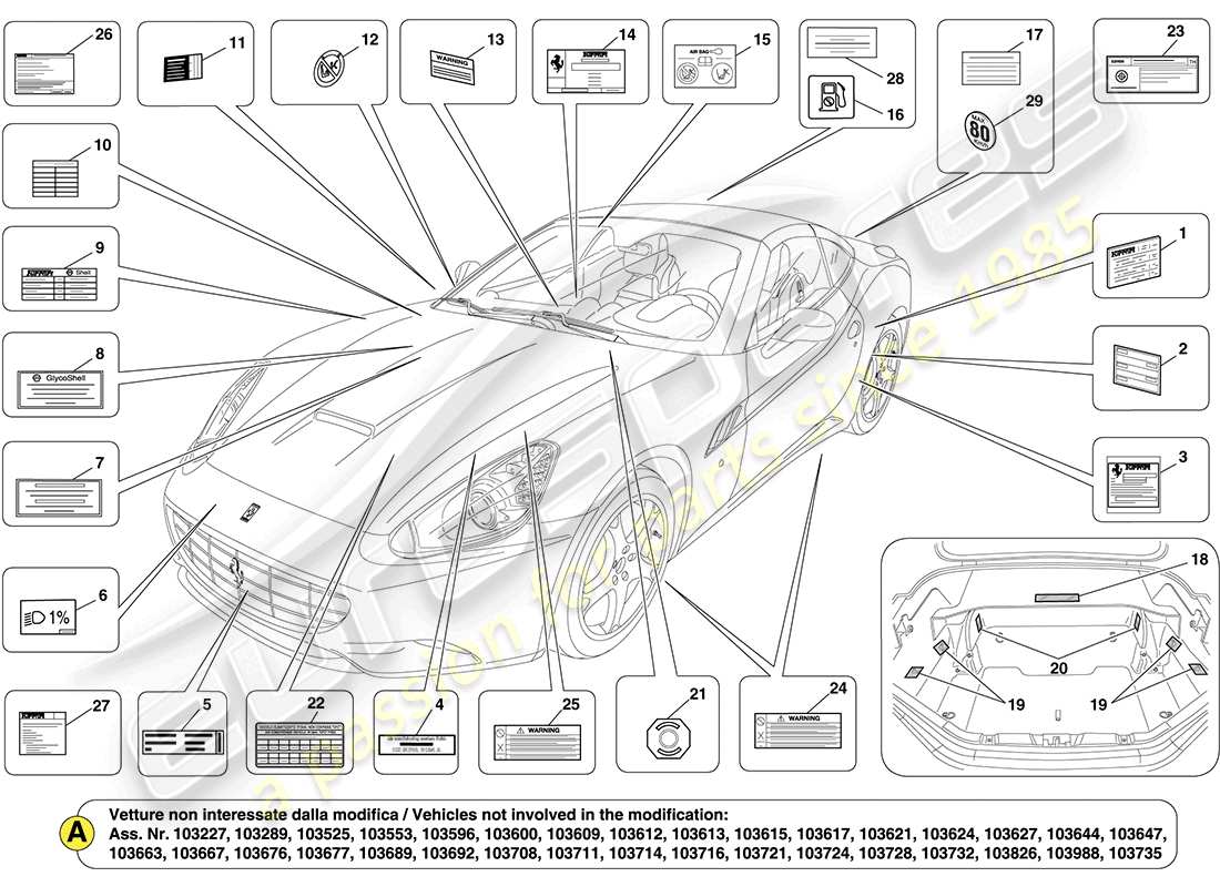 ferrari california (usa) étiquettes et plaques adhésives schéma des pièces
