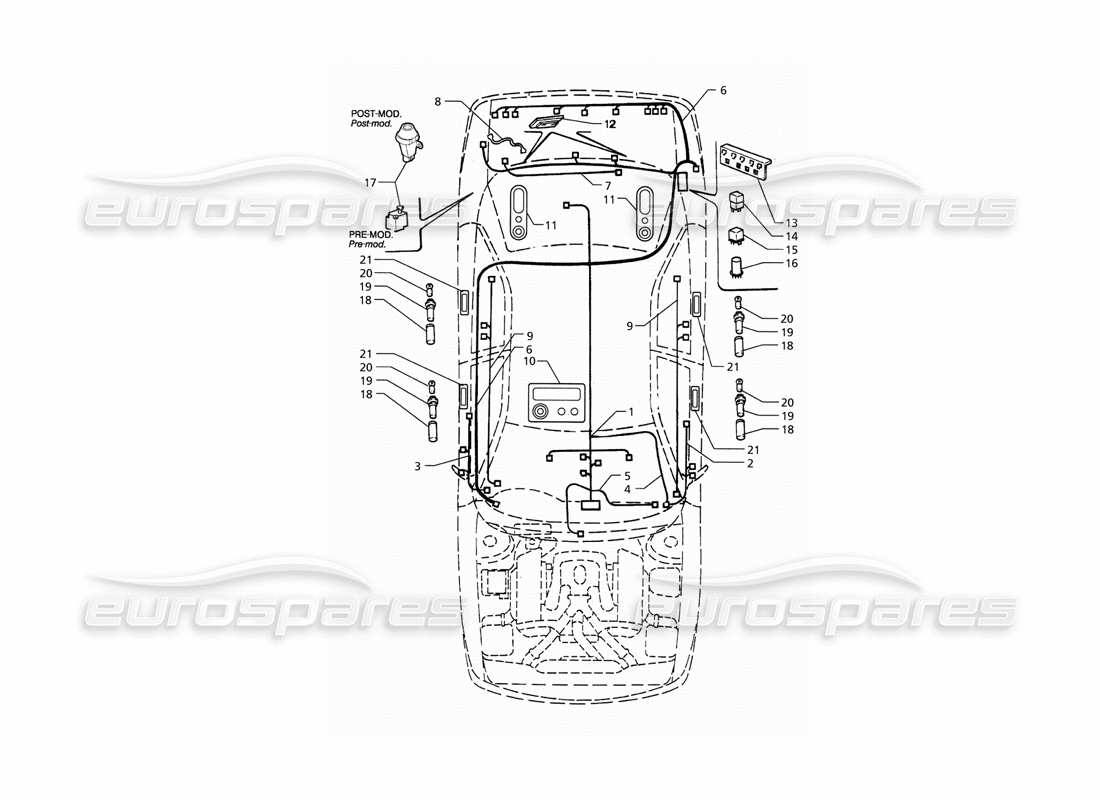 maserati qtp. 3.2 v8 (1999) système électrique : coffre - portes - compartiment passager (entraînement droit) schéma des pièces