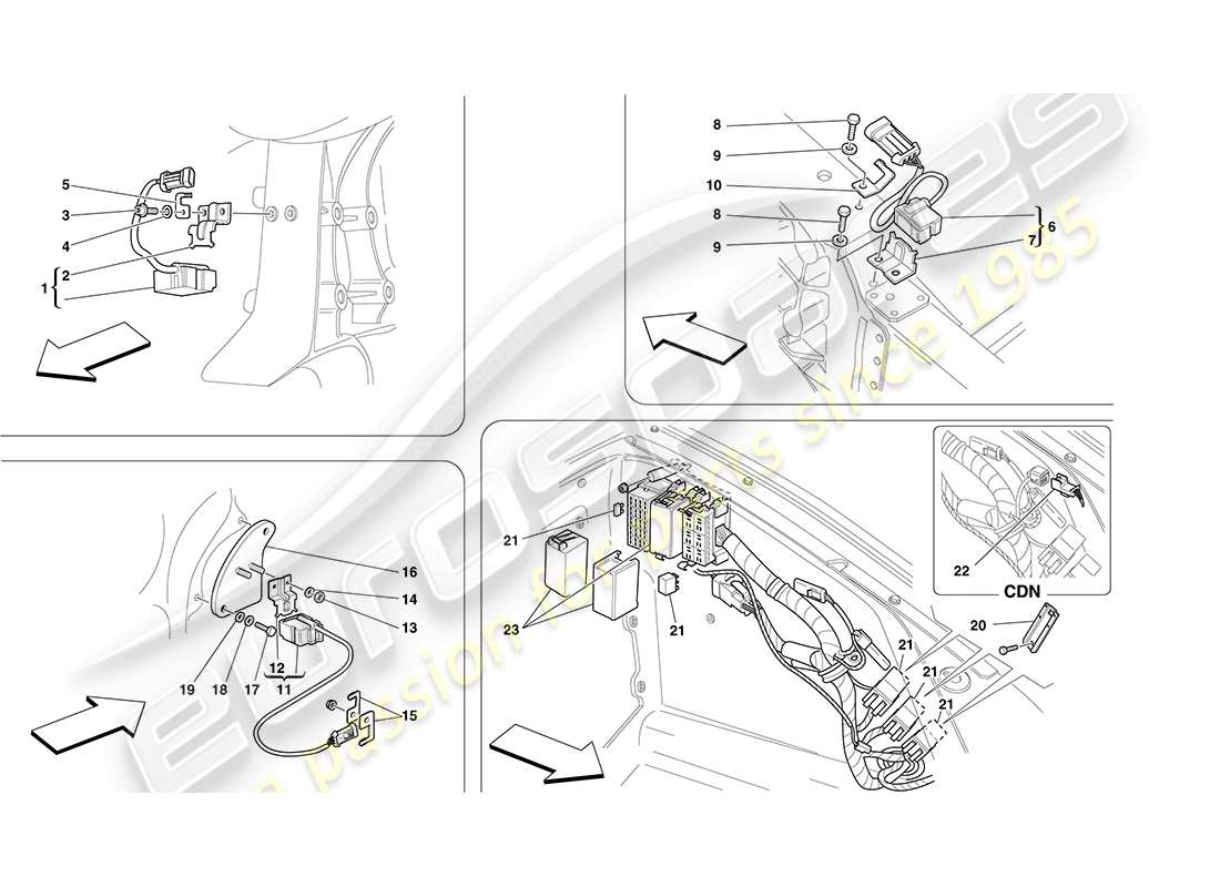 ferrari f430 coupe (europe) ecu et capteurs dans le compartiment avant et le compartiment moteur schéma des pièces