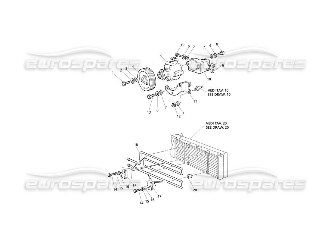 maserati qtp v8 evoluzione schéma des pièces des pompes de direction assistée et du radiateur d'huile
