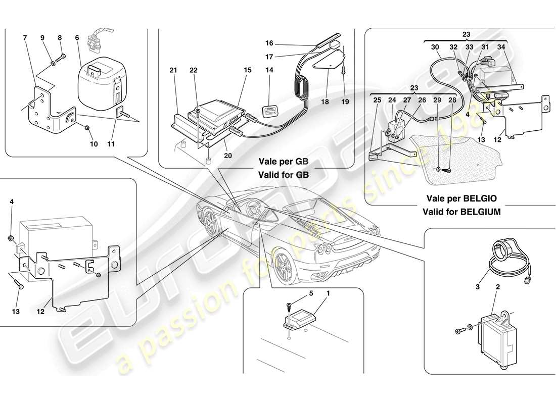 ferrari f430 coupe (usa) ecu et dispositifs du système antivol schéma des pièces