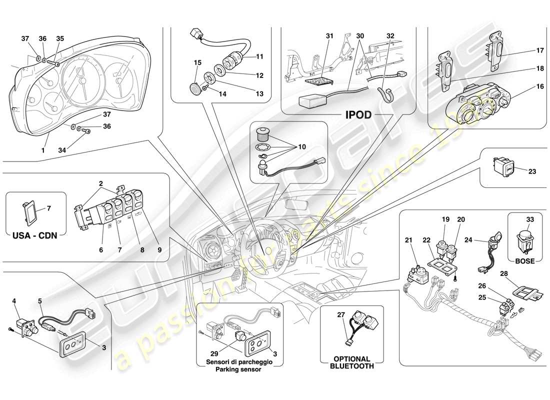 ferrari f430 spider (rhd) tableau de bord et instruments de tunnel schéma des pièces