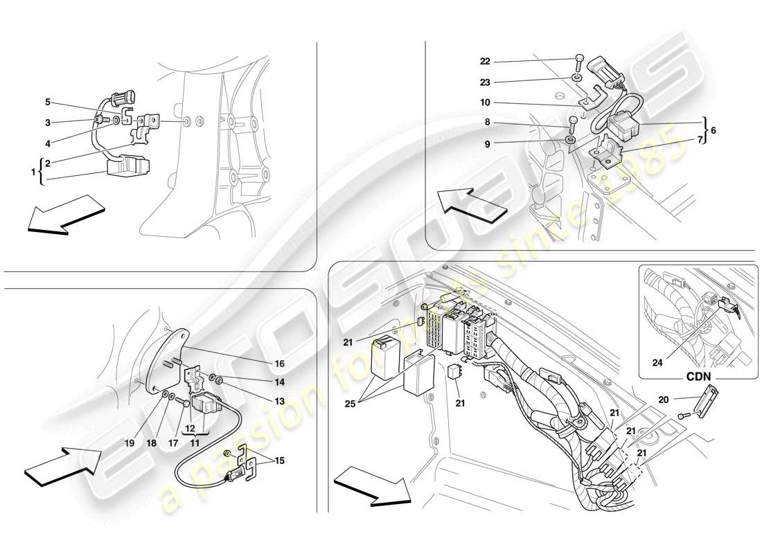ferrari f430 scuderia spider 16m (europe) ecu et capteurs dans le compartiment avant et le compartiment moteur schéma des pièces