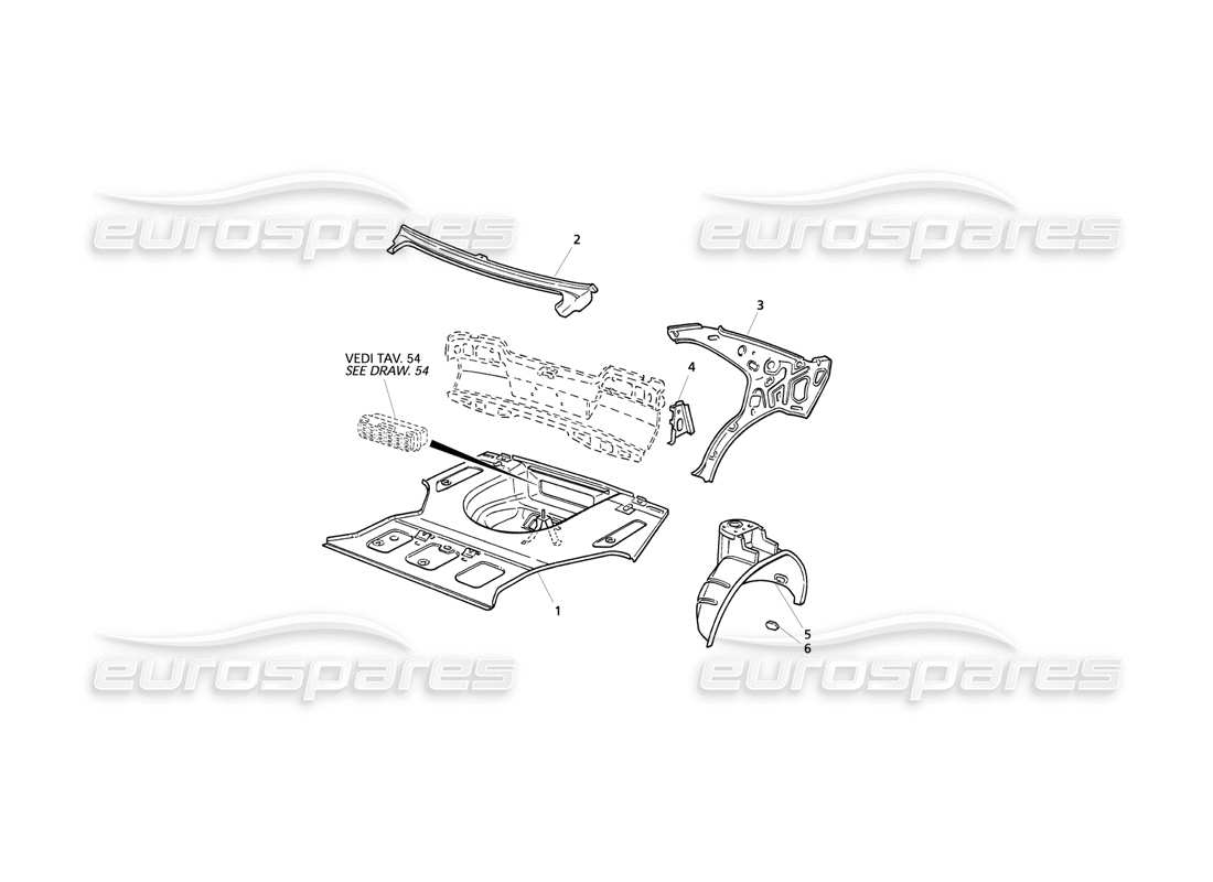 maserati qtp v6 evoluzione coque de carrosserie : diagramme des pièces du plancher de coffre et des structures intérieures