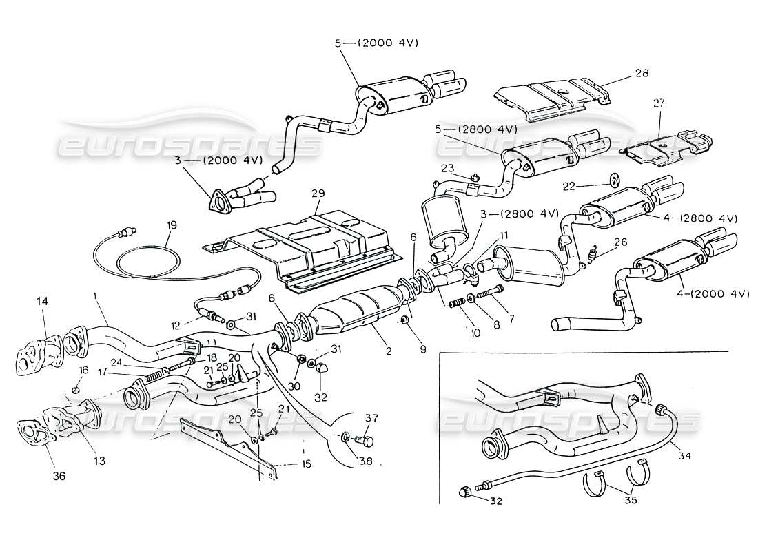 maserati 222 / 222e biturbo système d'échappement avec catalyseur (4v) schéma des pièces