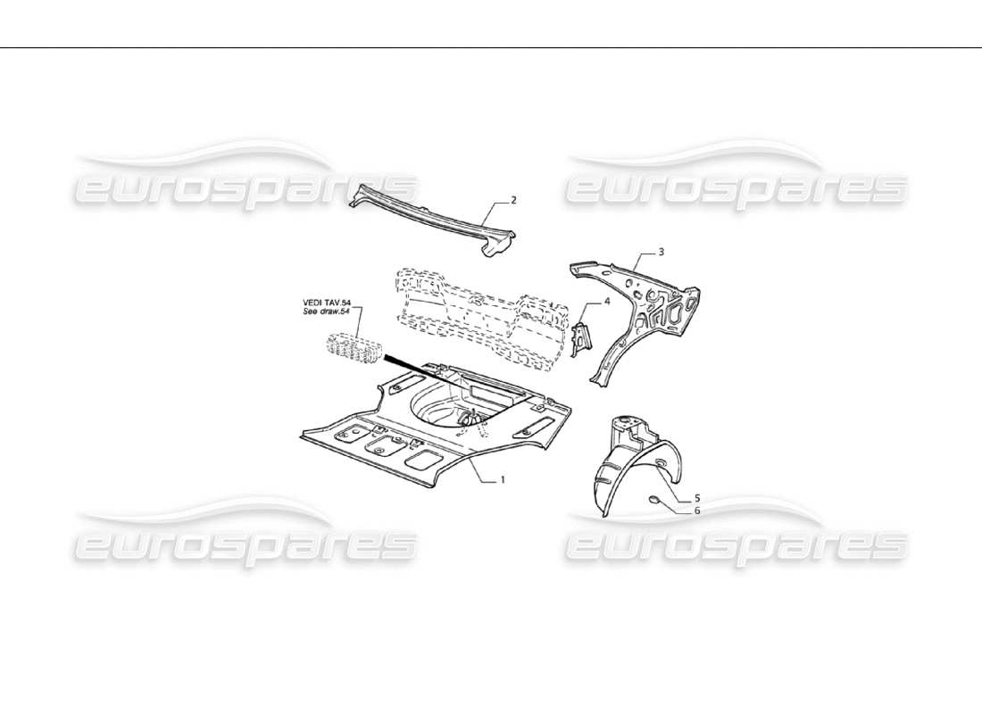 maserati qtp v6 (1996) coque de carrosserie : diagramme des pièces du plancher de coffre et des structures intérieures