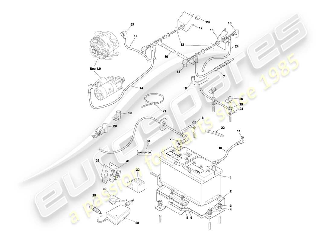 aston martin db7 vantage (1999) diagramme des pièces de la batterie et du plateau