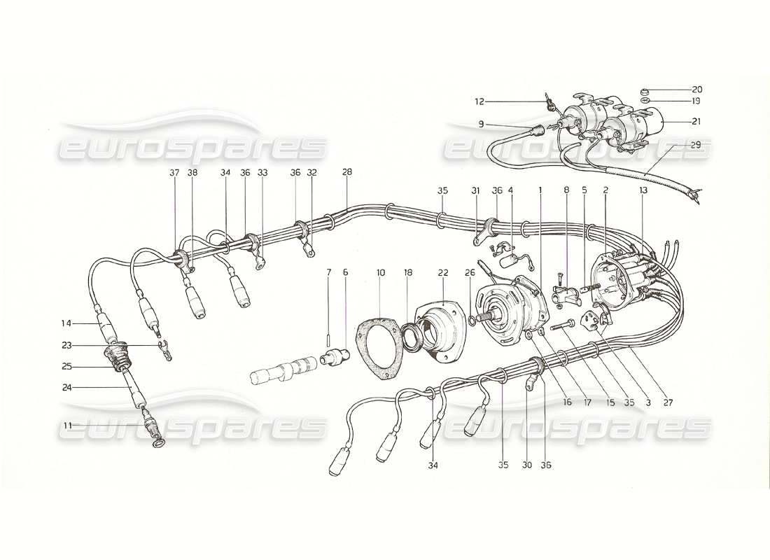 ferrari 308 gt4 dino (1976) engine ignition (1 distributor) part diagram