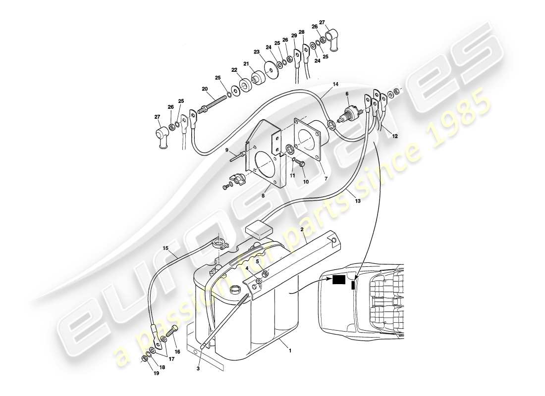 aston martin v8 volante (1997) diagramme des pièces de la batterie