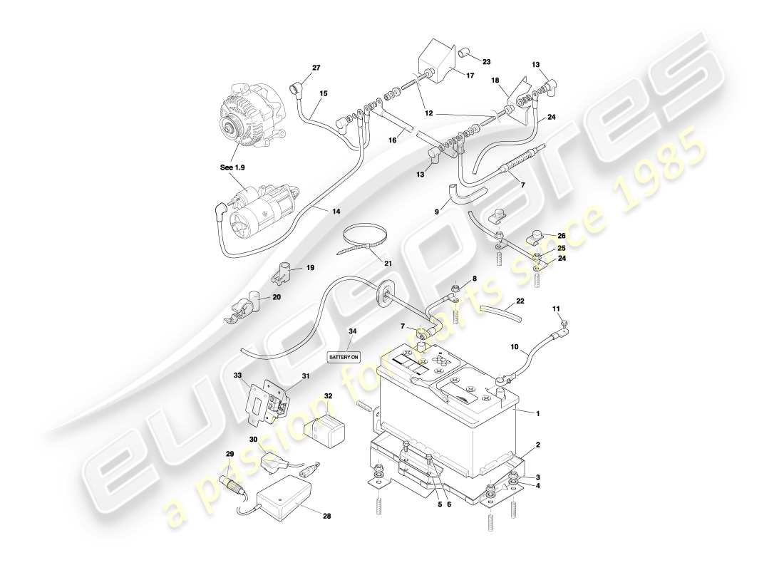 aston martin db7 vantage (2001) diagramme des pièces de la batterie et du plateau