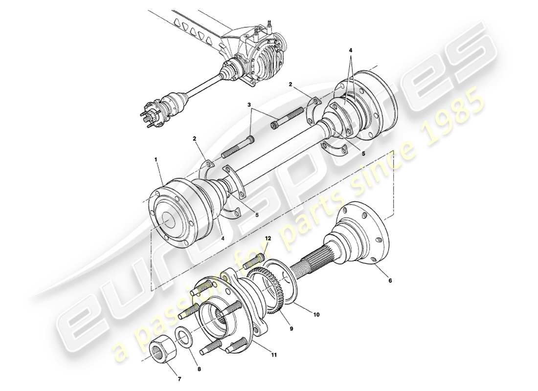 aston martin v8 volante (1998) schéma des pièces de l'assemblage de l'arbre de transmission et du moyeu