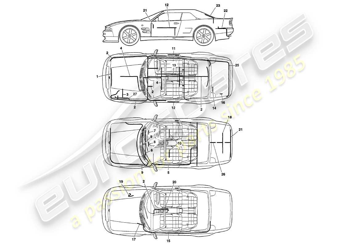 aston martin v8 volante (1998) diagramme des pièces des faisceaux