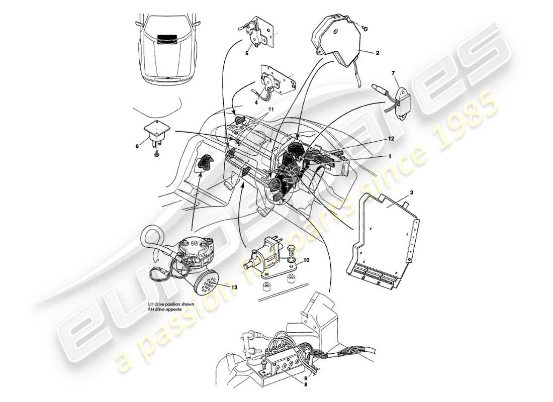 aston martin v8 volante (1998) capteurs, commutateurs, solénoïdes, moteurs, etc. diagramme de pièces