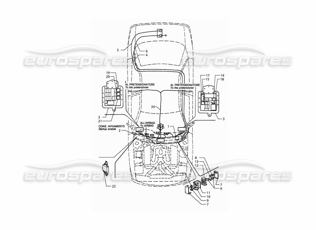maserati qtp. 3.2 v8 (1999) système électrique : diagramme de pièces du tableau de bord et de la batterie (entraînement droit)