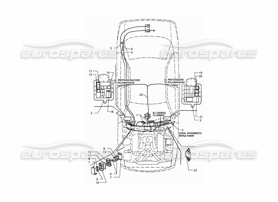 maserati qtp. 3.2 v8 (1999) système électrique : diagramme de pièces du tableau de bord et de la batterie (entraînement lh)