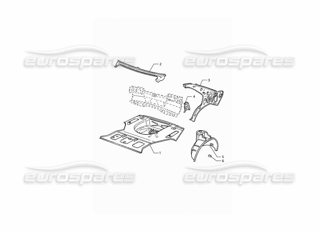 maserati qtp. 3.2 v8 (1999) coque de carrosserie : diagramme des pièces du plancher de coffre et des structures intérieures