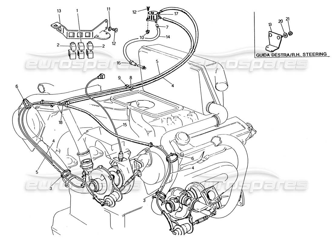 maserati 222 / 222e biturbo schéma des pièces du système de contrôle de suralimentation