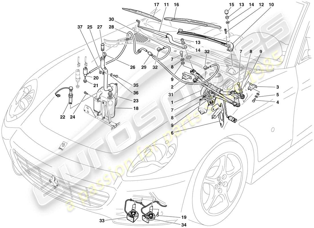 ferrari 612 sessanta (europe) essuie-glace, lave- rondelle et klaxons schéma des pièces