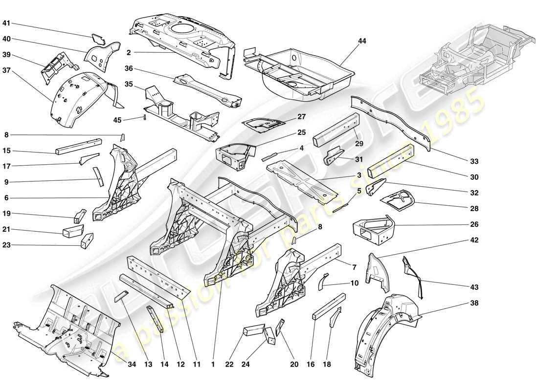 ferrari 612 sessanta (europe) structures et éléments, arrière du véhicule schéma des pièces