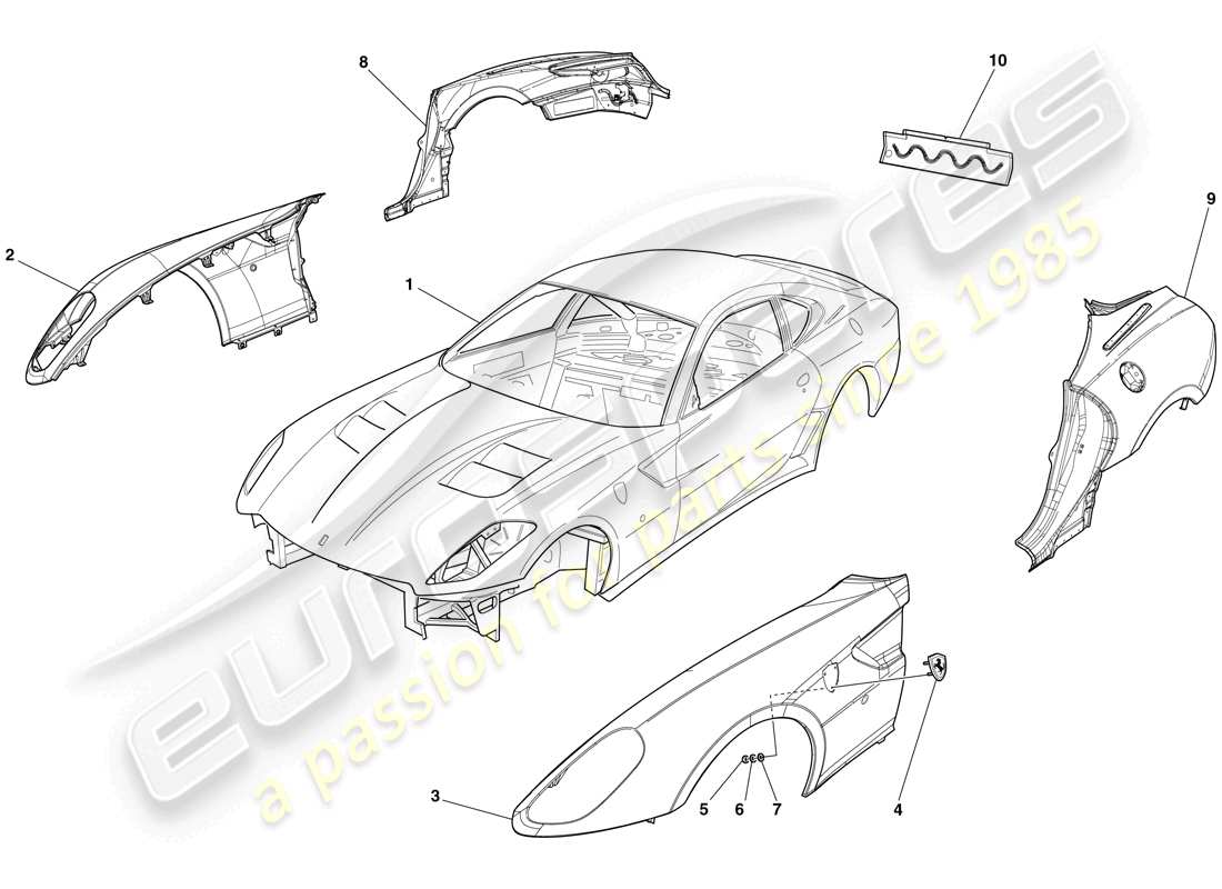 ferrari 599 gto (rhd) carrosserie - garniture extérieure schéma des pièces