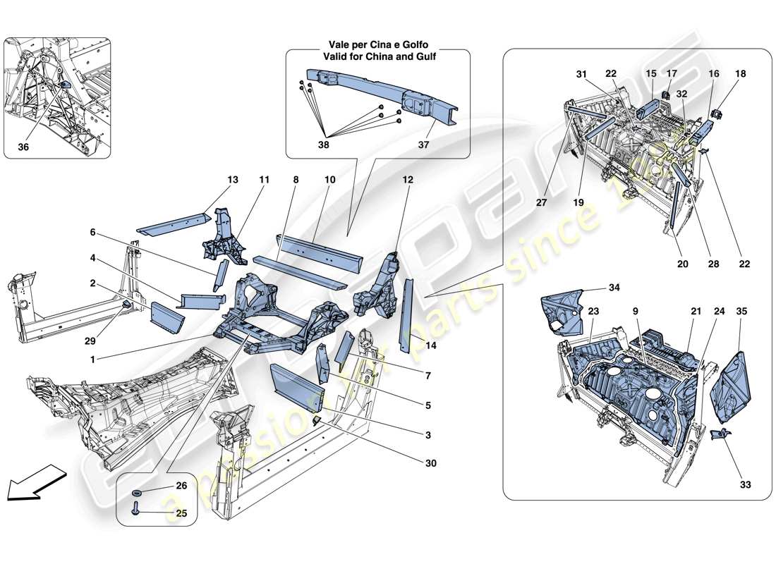 ferrari f12 berlinetta (rhd) structures et éléments, arrière du véhicule schéma des pièces