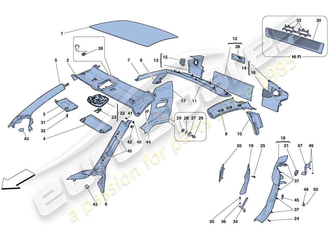 ferrari 458 italia (rhd) garniture de pavillon et accessoires schéma des pièces