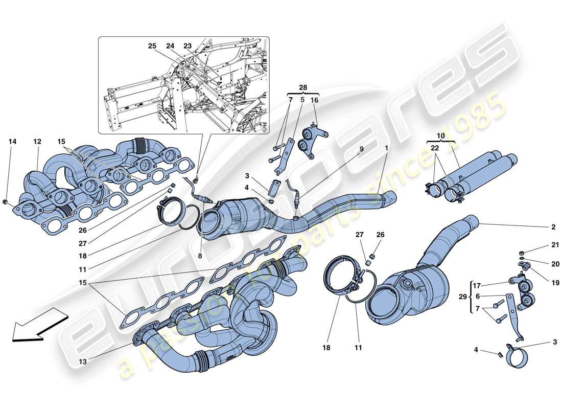 ferrari f12 berlinetta (rhd) diagramme des pièces des convertisseurs pré-catalytiques et des convertisseurs catalytiques