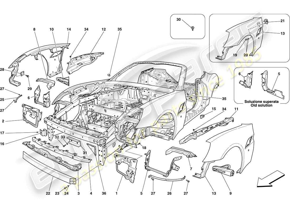 ferrari california (usa) carrosserie et ​​garniture avant externe schéma des pièces
