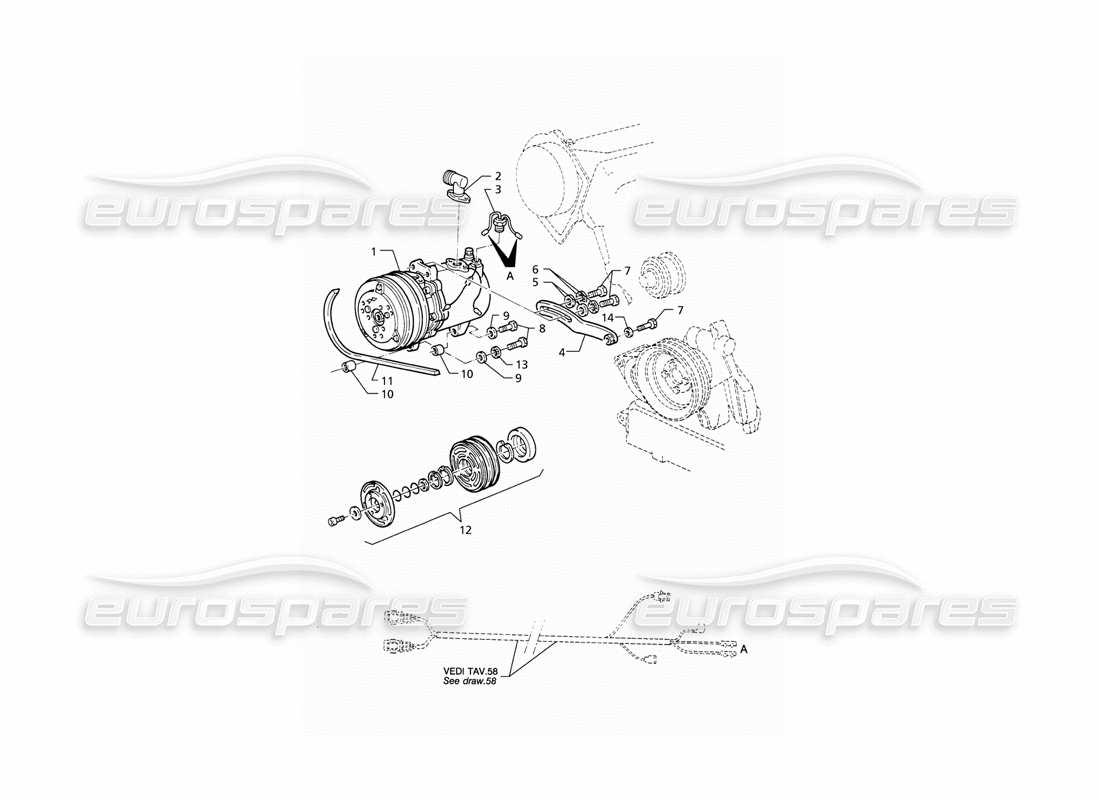 maserati qtp v8 (1998) diagramme des pièces du compresseur d'air et des supports