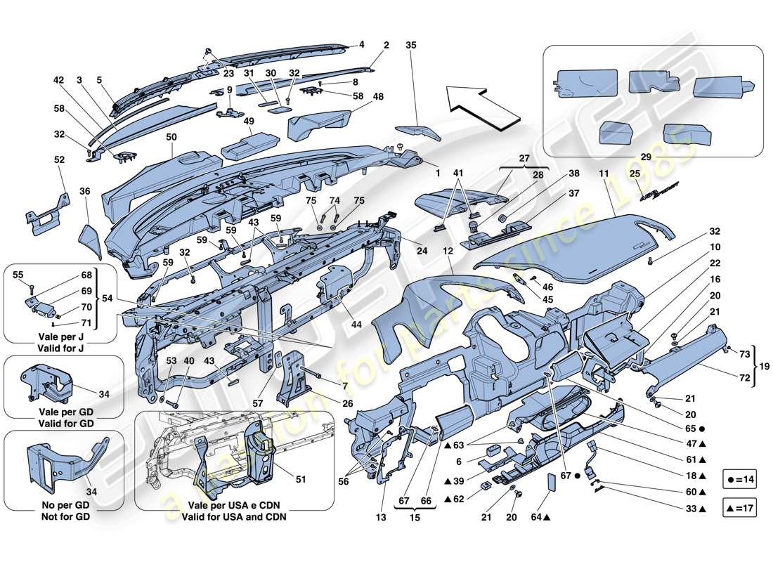 ferrari 458 spider (europe) diagramme des pièces du tableau de bord