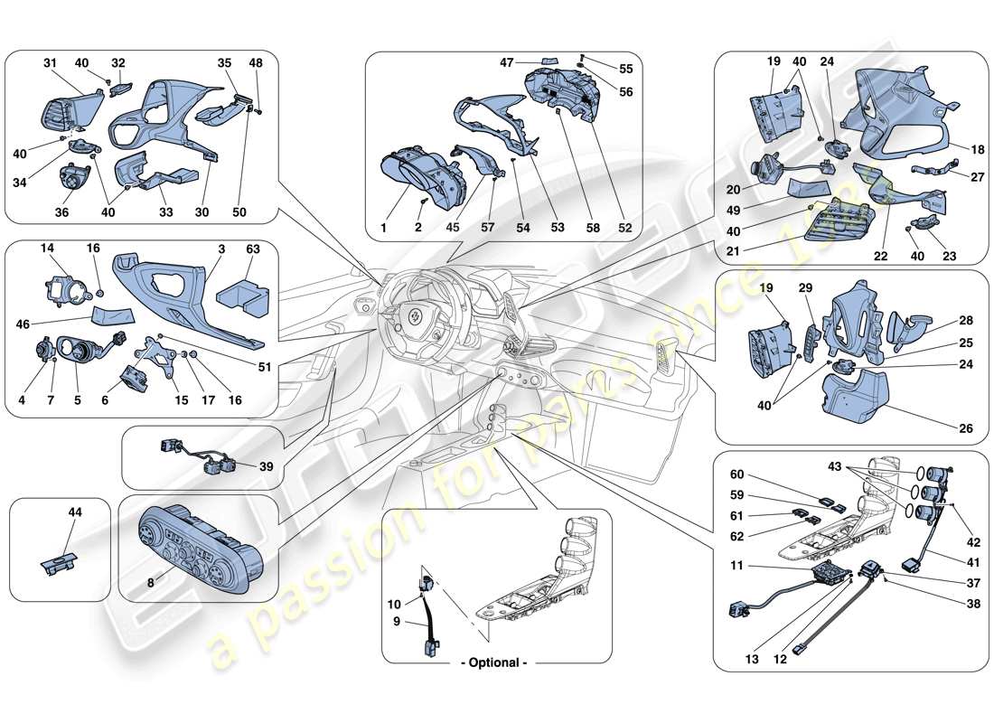 ferrari 458 speciale aperta (rhd) tableau de bord et instruments de tunnel schéma des pièces