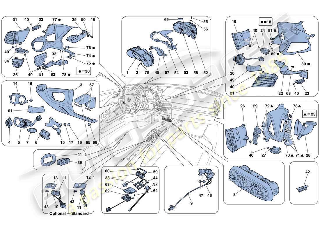 ferrari 458 spider (europe) tableau de bord et instruments pour tunnel schéma des pièces