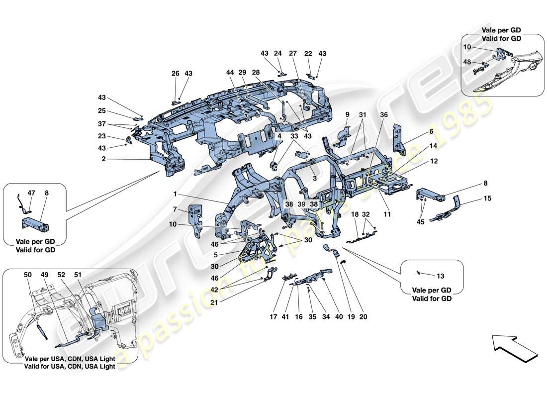 ferrari gtc4 lusso t (rhd) tableau de bord - sous-structure schéma des pièces