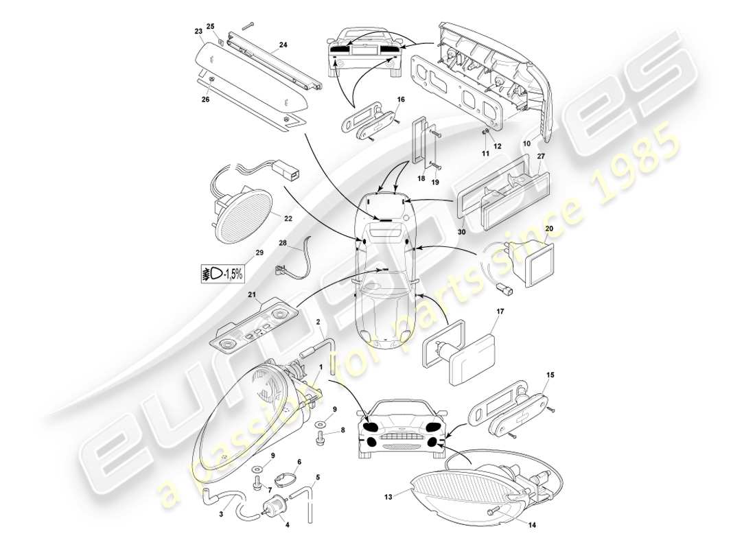 aston martin db7 vantage (2003) diagramme des pièces des lampes et ampoules