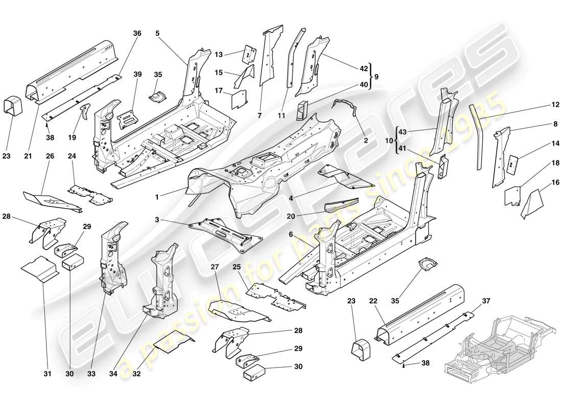 ferrari 612 sessanta (europe) structures et éléments, centre du véhicule schéma des pièces